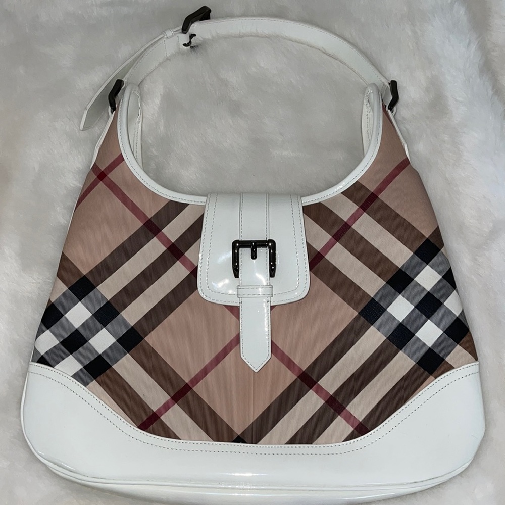 Burberry khaki nova check white patent leather bag